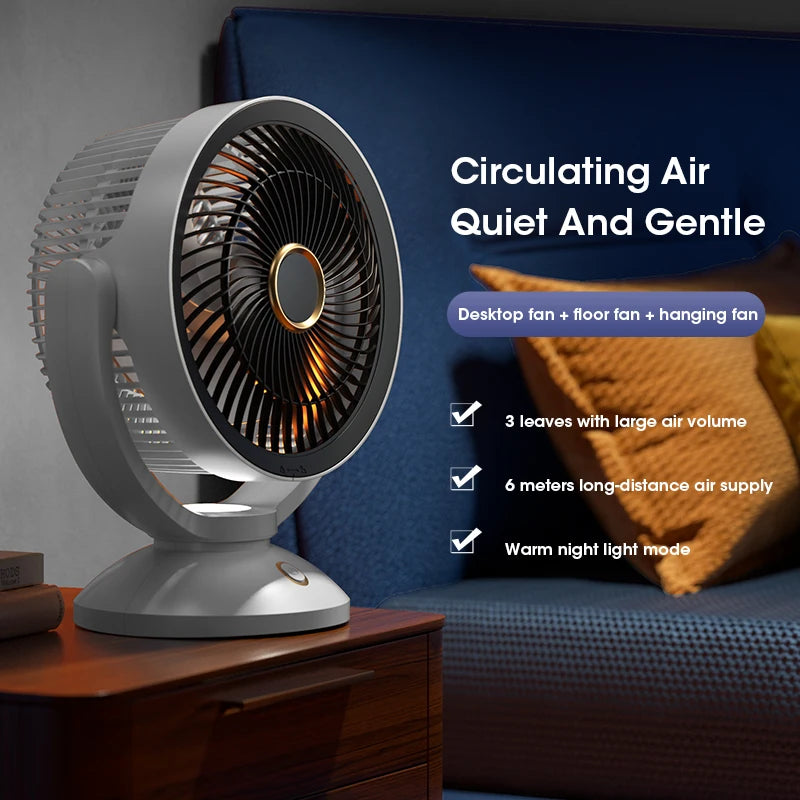 Ventilador Eléctrico de Circulación de Aire USB, No Recargable, Portátil, de Escritorio, Montado en Pared, Rotación de 360 Grados con Luz para el Hogar