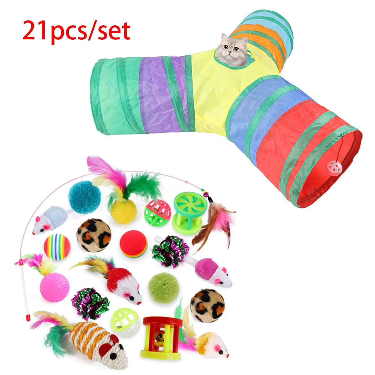 Sonajero para Gatos y Túnel de Papel Arrugado, Juguetes para Gatos Pequeños, Túnel Plegable de Poliester y Algodón, Tienda y Juguetes para Gatos, 21 Piezas