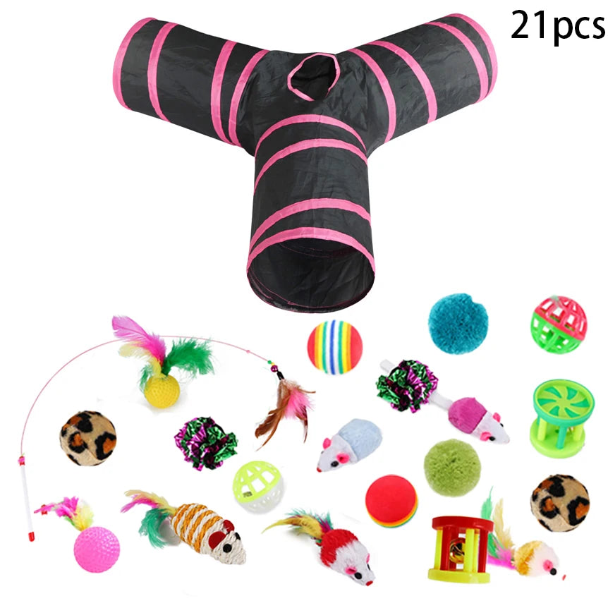 Sonajero para Gatos y Túnel de Papel Arrugado, Juguetes para Gatos Pequeños, Túnel Plegable de Poliester y Algodón, Tienda y Juguetes para Gatos, 21 Piezas