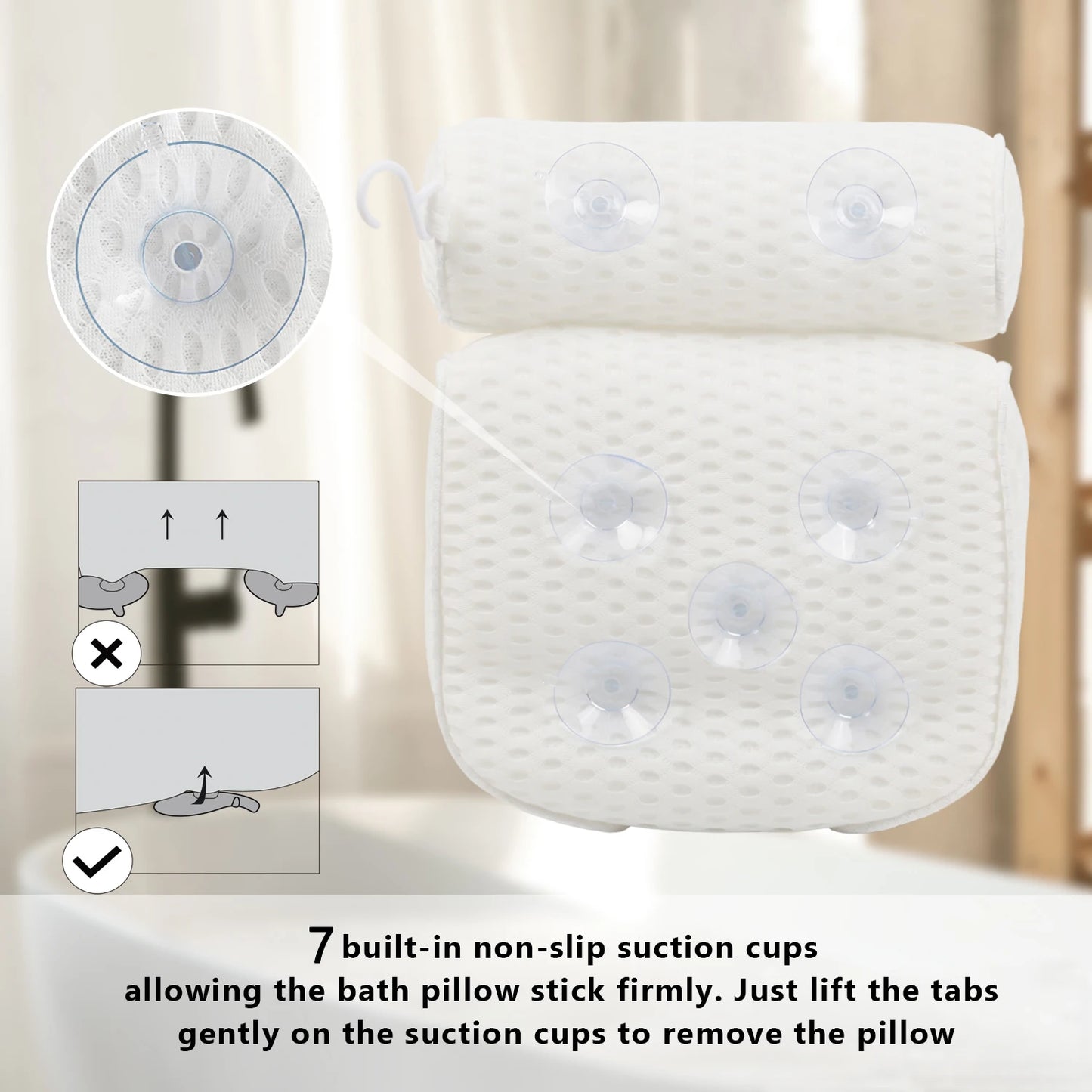 Almohada de Baño para Bañera, Soporte para Cuello, Cabeza y Espalda con Ventosas Antideslizantes, Malla de Aire