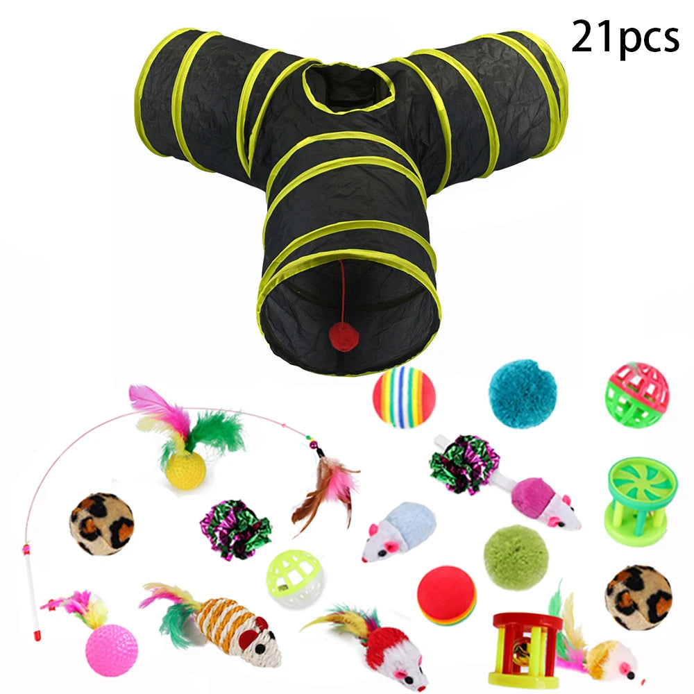 Sonajero para Gatos y Túnel de Papel Arrugado, Juguetes para Gatos Pequeños, Túnel Plegable de Poliester y Algodón, Tienda y Juguetes para Gatos, 21 Piezas
