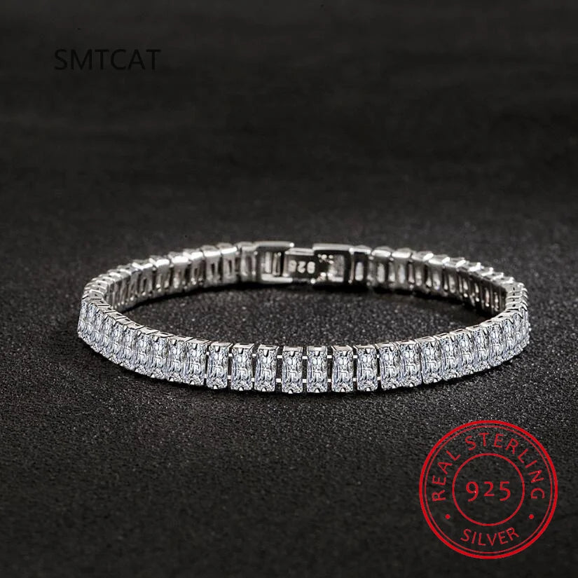 Pulsera de Plata de Ley 925 para Mujer con Corte de Esmeralda y Diamante de Alto Carbono, Joyería Fina para Compromiso y Bodas, 4x6mm