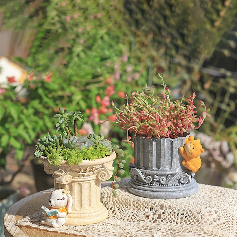 Pilar romano con columnas griegas, maceta de dibujos animados para plantas suculentas, decoración de mesa y jardín