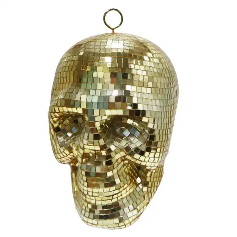 Bola de Discoteca Colgante de Calavera Plateada, Dorada y Púrpura - Adorno Reflectante de Espejo para Decoración Interior
