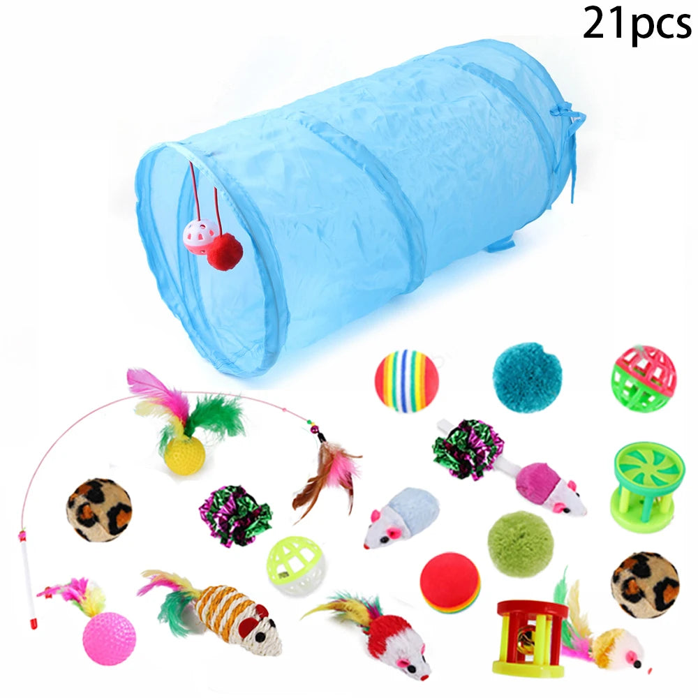 Sonajero para Gatos y Túnel de Papel Arrugado, Juguetes para Gatos Pequeños, Túnel Plegable de Poliester y Algodón, Tienda y Juguetes para Gatos, 21 Piezas