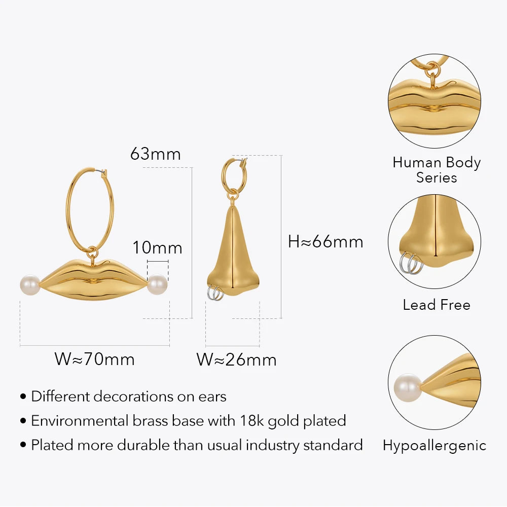 Pendientes Exagerados de Nariz y Labios para Mujer | Joyería de Moda Dorada ENFASHION, E221388, 2022