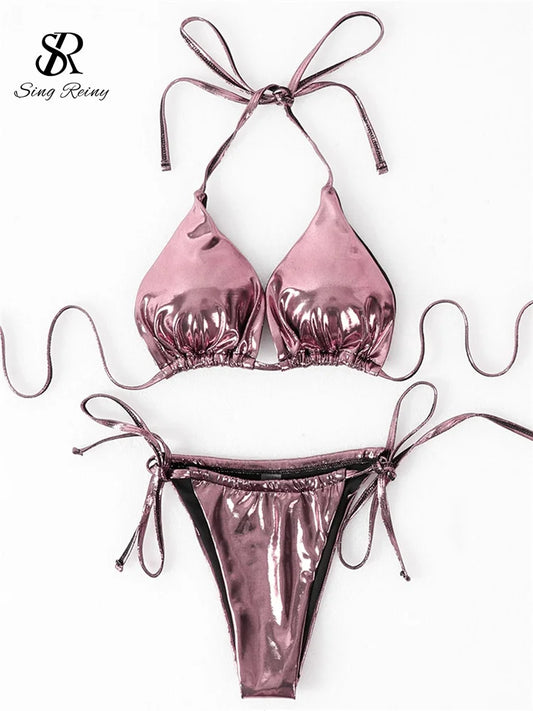 Conjunto de Bañador Brillante de 3 Piezas para Mujeres: Bikini Halter con Ajuste Cuerpo Conformado y Detalles de Encaje - Moda de Verano para Vacaciones