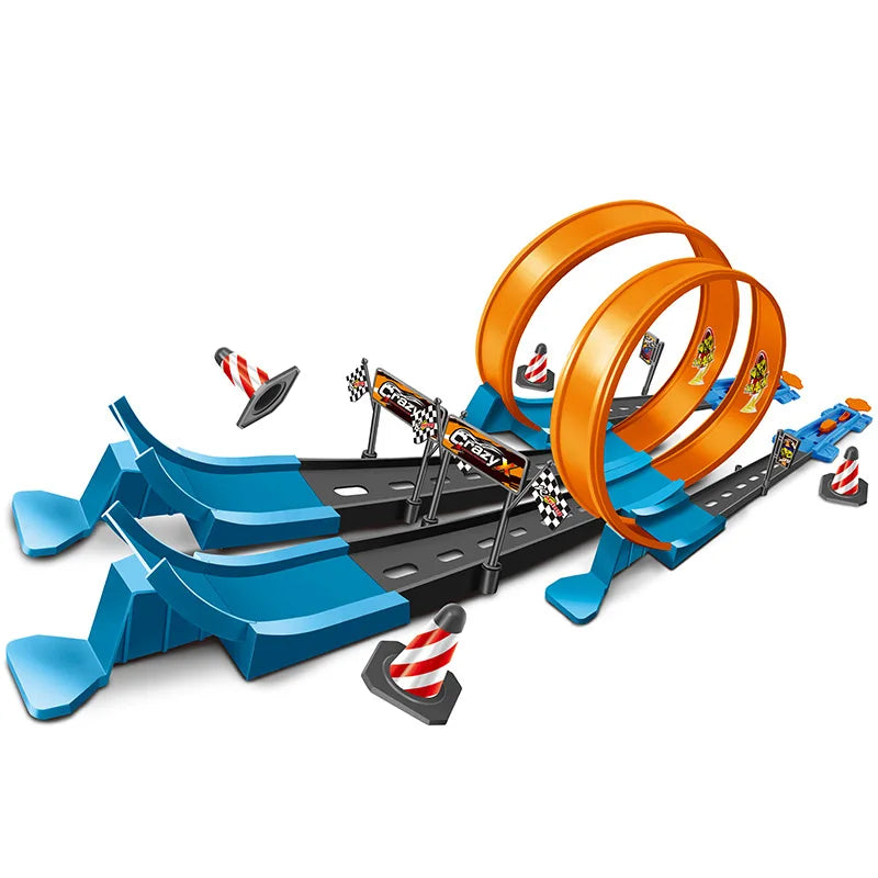 Pista de Carreras de Doble Pista con Rieles para Autos de Alta Velocidad – Set DIY para Niños | Juguete Interactivo de Coches de Inercia