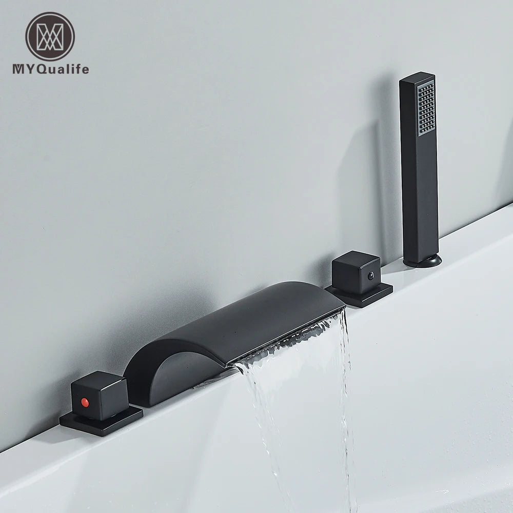 Grifo de Baño de Cascada en Latón Negro - Mezclador Widespread con Tres Manijas para Agua Caliente y Fría