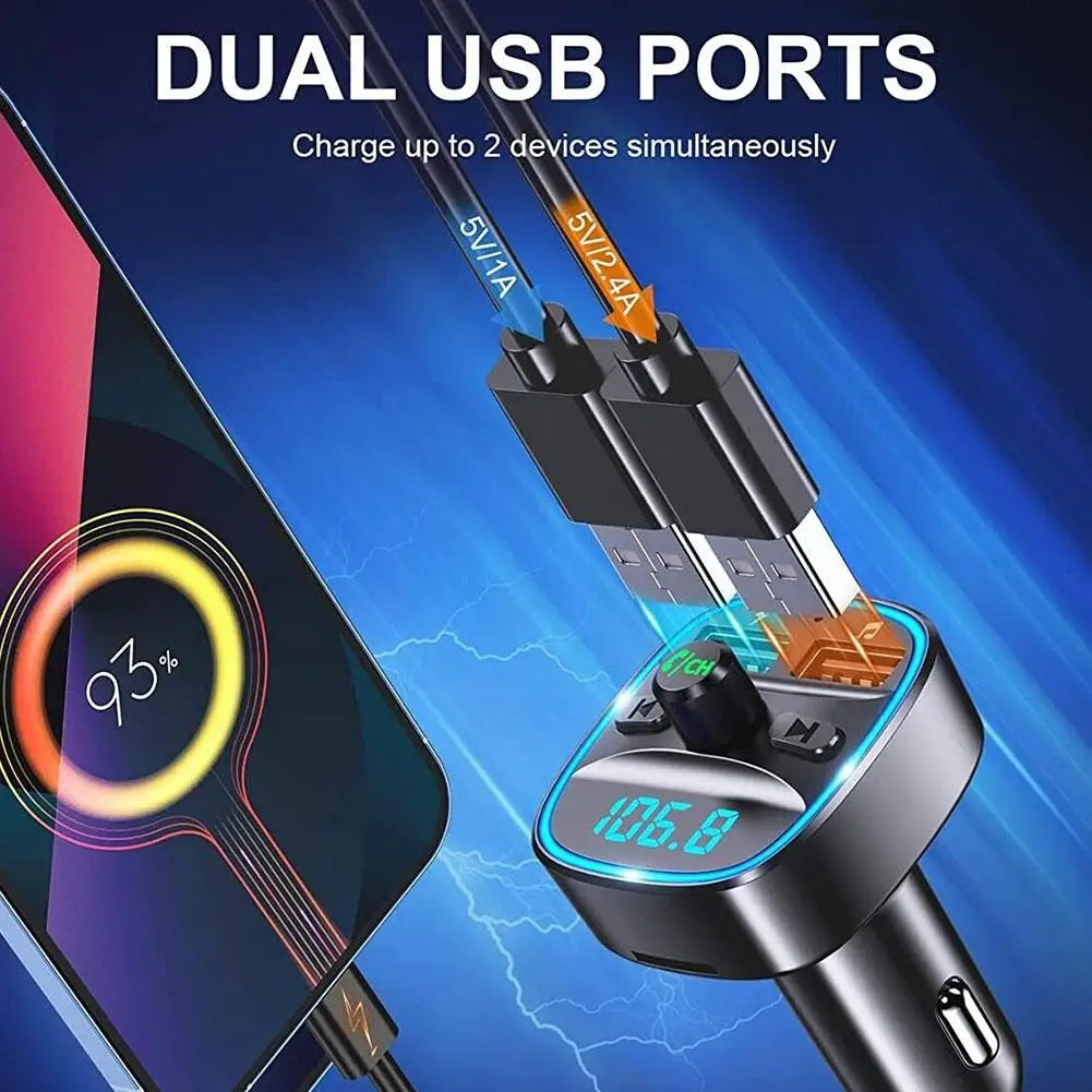 Transmisor FM Bluetooth 5.0 con Carga Rápida y Llamadas Manos Libres – Adaptador de Coche con Doble Puerto USB y Luz LED Azul
