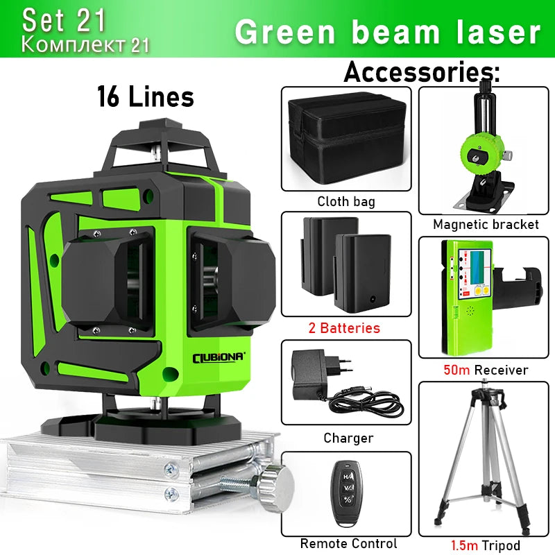 Clubiona Nivel Láser 16/12 Líneas Verde Autonivelante 360° Horizontal y Vertical, Rayo Verde Súper Potente, Herramienta de Nivelación con Modo de Pulso