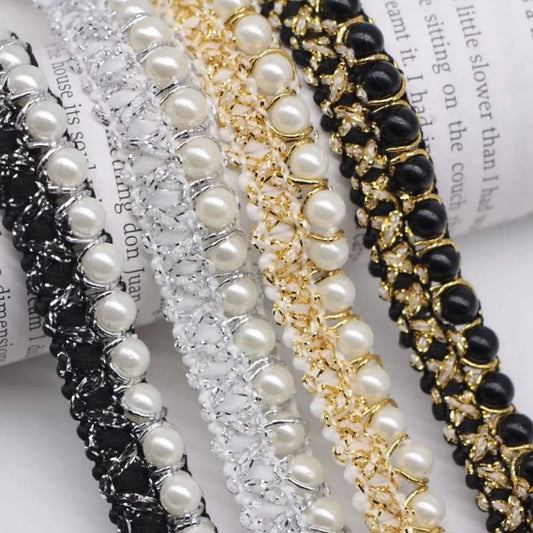 Cinta de Encaje Trenzada con Perlas - 1 Yarda, Decoración de Cuello y Puños, Accesorio de Costura para Ropa