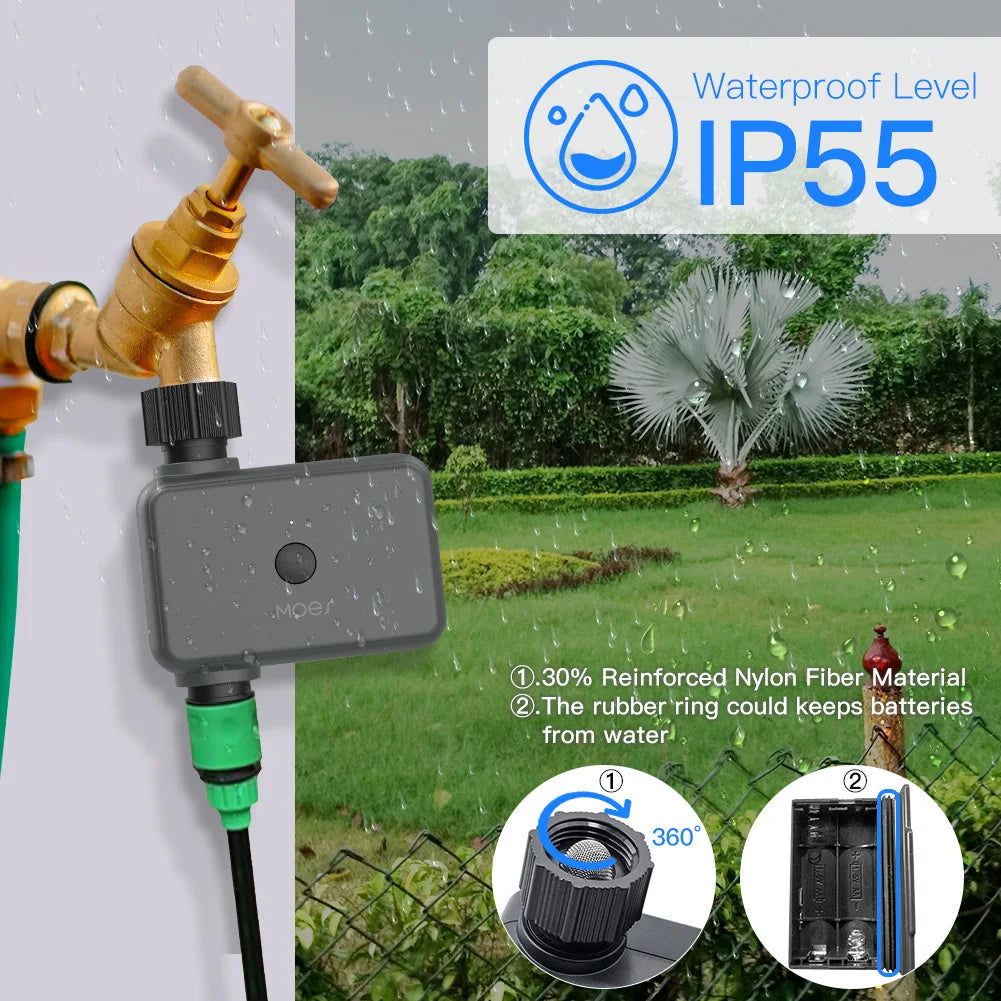 MOES Smart Tuya Bluetooth Garden Water Timer – Riego Automático Programable con Retraso por Lluvia