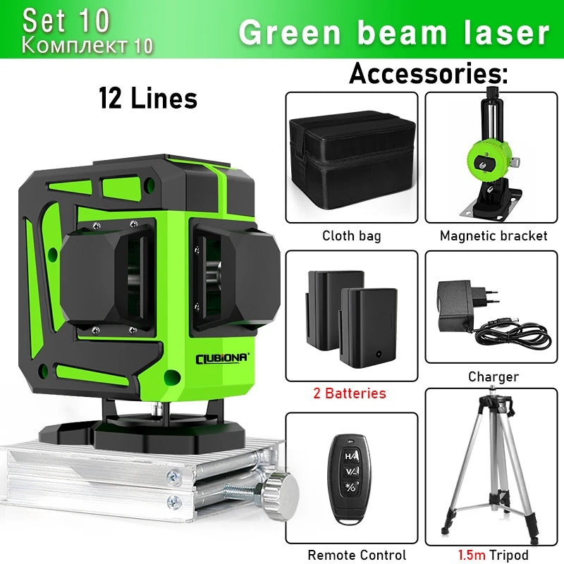 Clubiona Nivel Láser 16/12 Líneas Verde Autonivelante 360° Horizontal y Vertical, Rayo Verde Súper Potente, Herramienta de Nivelación con Modo de Pulso