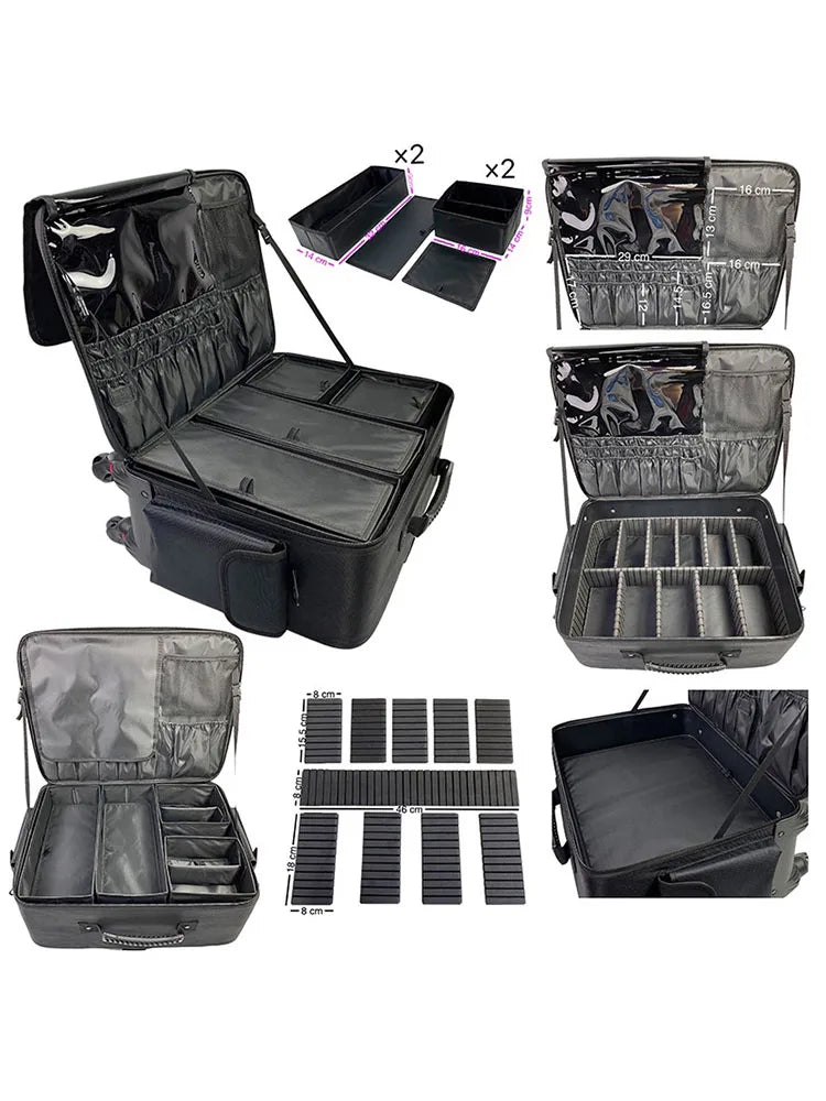 Maletín de Maquillaje con Gran Capacidad de Almacenamiento y Ruedas - Estuche de Cosméticos Bordado de Múltiples Capas, Caja Profesional para Herramientas de Belleza y Manicura