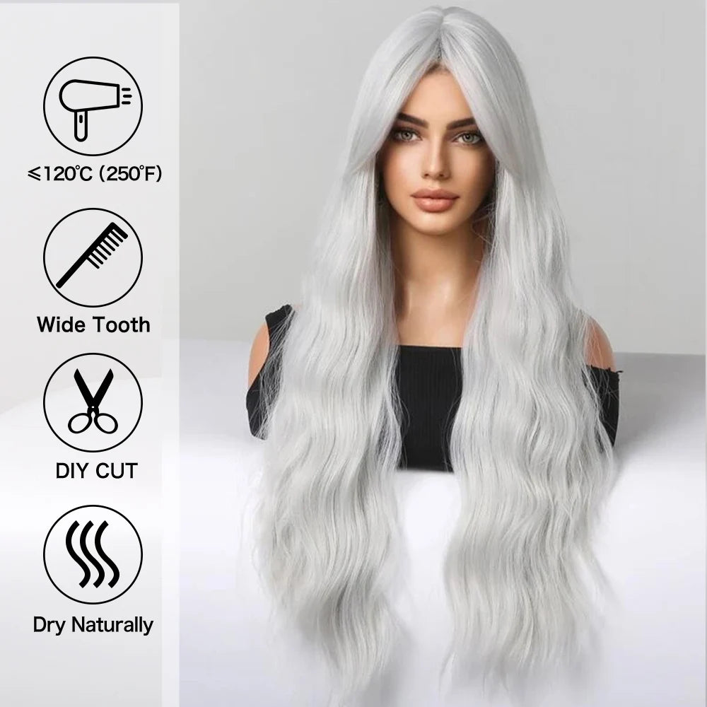 Pelucas sintéticas rizadas largas con flequillo para mujer, gris ceniza, platino, Afro, onda profunda, Cosplay, Lolita, cabello Natural, calor