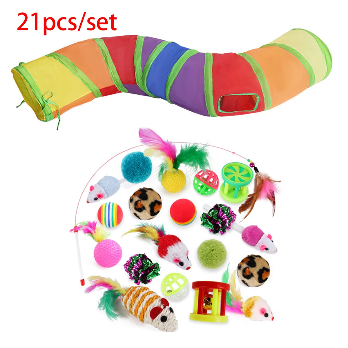 Sonajero para Gatos y Túnel de Papel Arrugado, Juguetes para Gatos Pequeños, Túnel Plegable de Poliester y Algodón, Tienda y Juguetes para Gatos, 21 Piezas