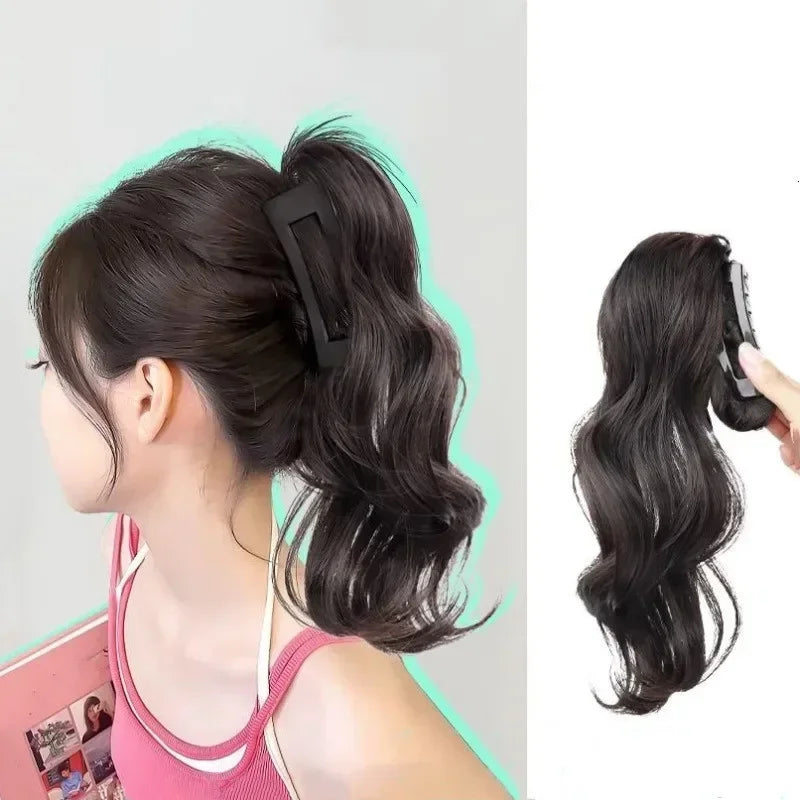 Peluca rizada de cola de caballo alta para mujer, de 30cm, cabello largo, Clip de tiburón trenzado, fuente de cascada, moda