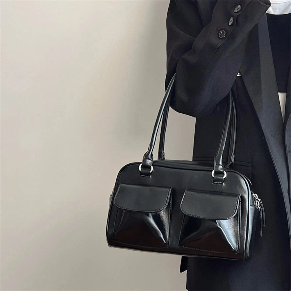 Bolso Hobo Retro para mujer, bolsa de compras de cuero PU, bolso de axila de diseño sólido, bolso de mano informal con doble bolsillo