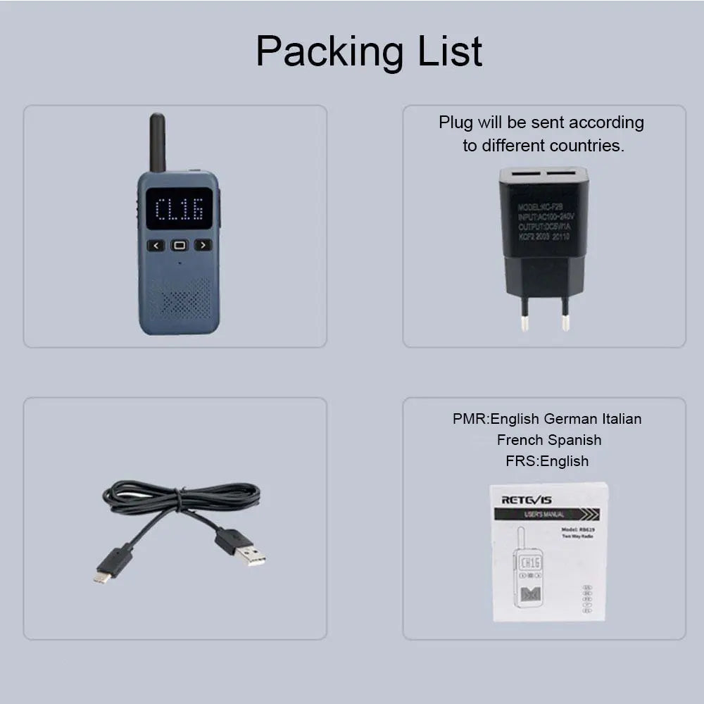 Walkie Talkie Mini Retevis RB619 | Radio PMR 446 de 2 Pcs con Carga USB Tipo C | Radio Portátil PTT para Hoteles