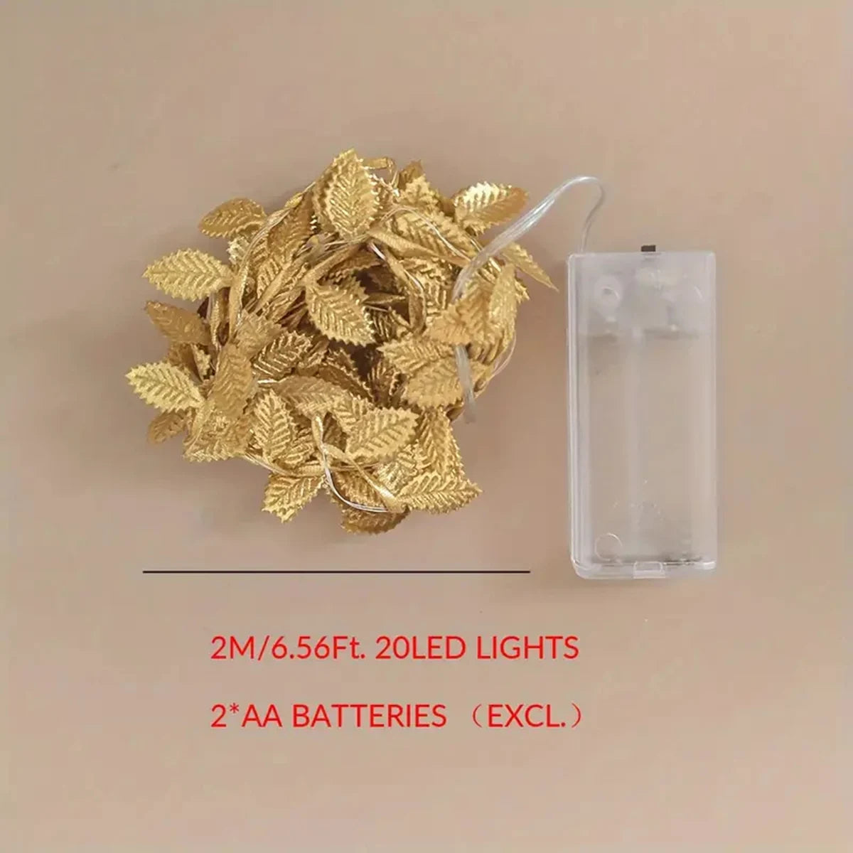 1PC 2M 20LED Luces de Hilo de Hojas Doradas - Cadena de Luces LED de Cobre con Batería para Decoración de Bodas, Fiestas y Navidad