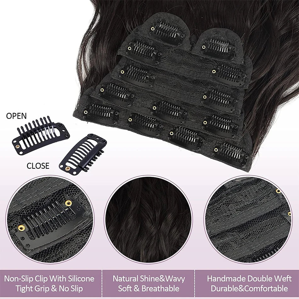 Extensiones de Cabello Sintético Largo con Clip, Ondulado Ombre Rubio y Marrón, Postizos Gruesos, 6 Piezas por Juego
