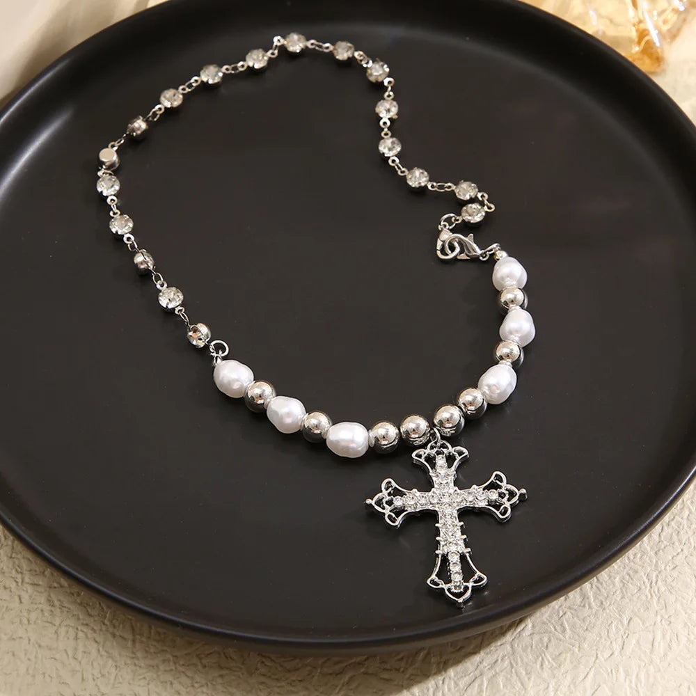Collar de Pendant de Perlas con Cruz Y2K 2023, Joyería Hip Hop Retro para Mujeres, Collar Religioso con Cadena de Zircon, Regalos de Moda Punk para Fiestas