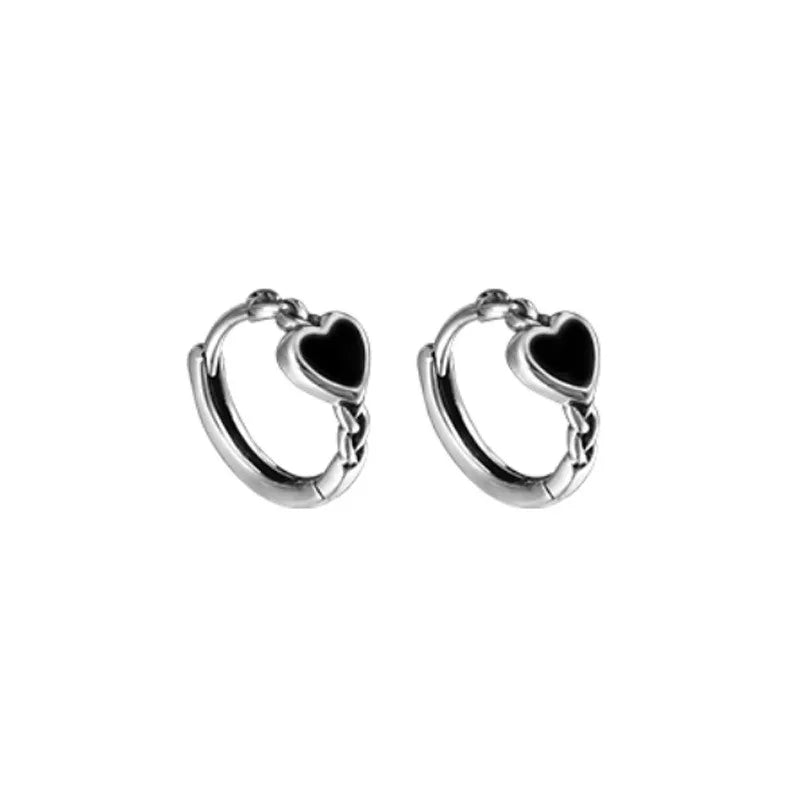 Pendientes de Aro de Plata de Ley 925 con Corazón Negro - Joyería Elegante para Mujer