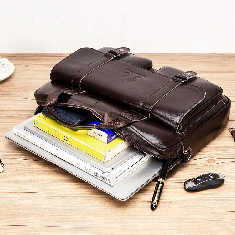 Maletín de Cuero Genuino para Hombre con Doble Bolsillo Frontal – Maletín de Gran Capacidad para Computadora y Bolsa de Mano Cruzada