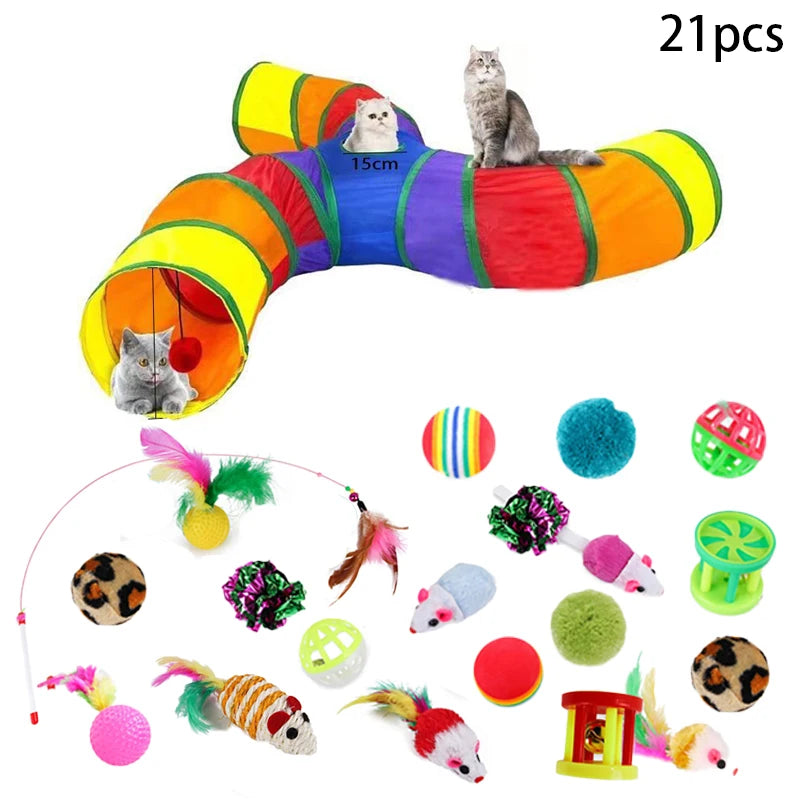 Sonajero para Gatos y Túnel de Papel Arrugado, Juguetes para Gatos Pequeños, Túnel Plegable de Poliester y Algodón, Tienda y Juguetes para Gatos, 21 Piezas