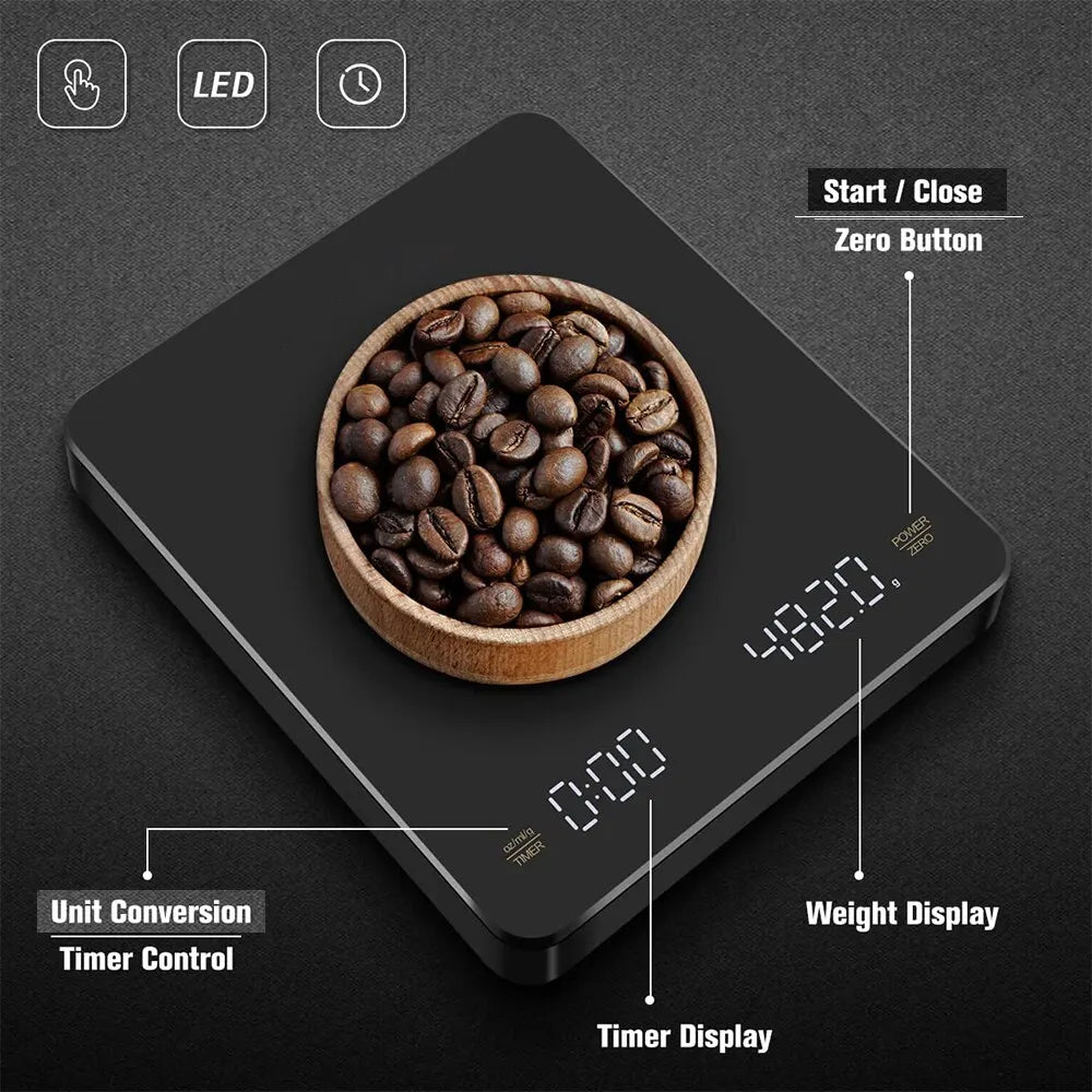 Balanza Digital para Café con Temporizador y Pantalla LED - Pesaje Preciso para Espresso, Recargable por USB, Máximo de 3 kg, Precisión de 0.1g - Ideal para Cocina y Bar