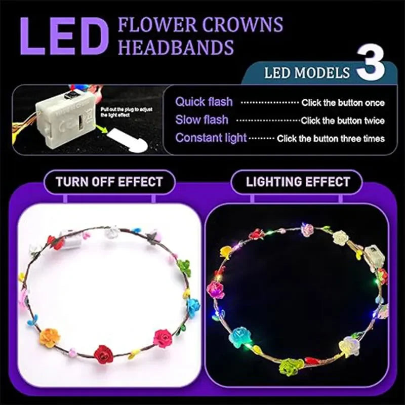 10 Piezas de Coronas de Flores LED, Diademas Luminosas, Tocado Floral para Mujeres y Niñas, Accesorios para el Cabello