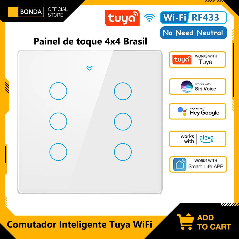 Interruptor Táctil Inteligente Wifi Tuya para Luces en Brasil, 4*4 sin Cable Neutro, 4/6 Gang, Control Remoto RF433, Smart Life, Compatible con Alexa y Google Home