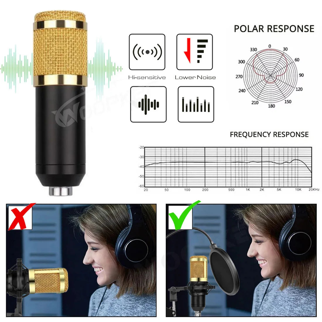 Kit de Micrófono Profesional de Condensador Woopker BM 800 con Soporte Amortiguador y Trípode - Grabación de Estudio y Radiodifusión