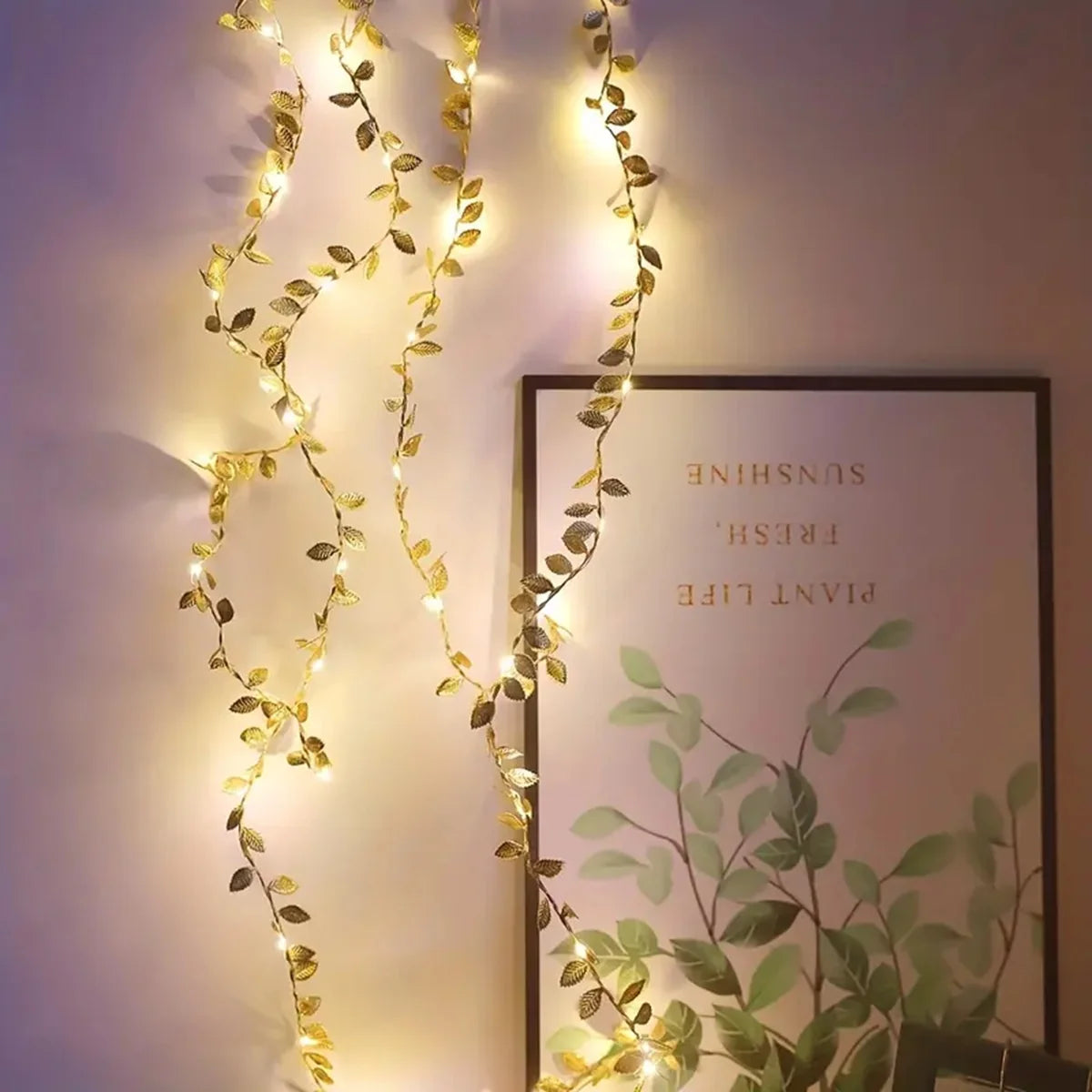 1PC 2M 20LED Luces de Hilo de Hojas Doradas - Cadena de Luces LED de Cobre con Batería para Decoración de Bodas, Fiestas y Navidad