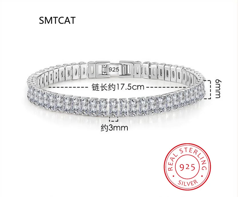 Pulsera de Plata de Ley 925 para Mujer con Corte de Esmeralda y Diamante de Alto Carbono, Joyería Fina para Compromiso y Bodas, 4x6mm