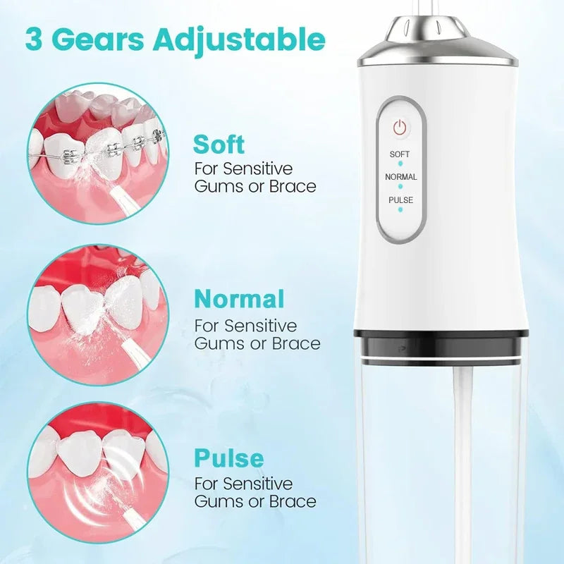 Irrigador Oral Portátil con Chorro de Agua, Recargable por USB, 4 Puntas de Chorro, 220ml, 3 Modos de Limpieza, IPX7, 1400rpm