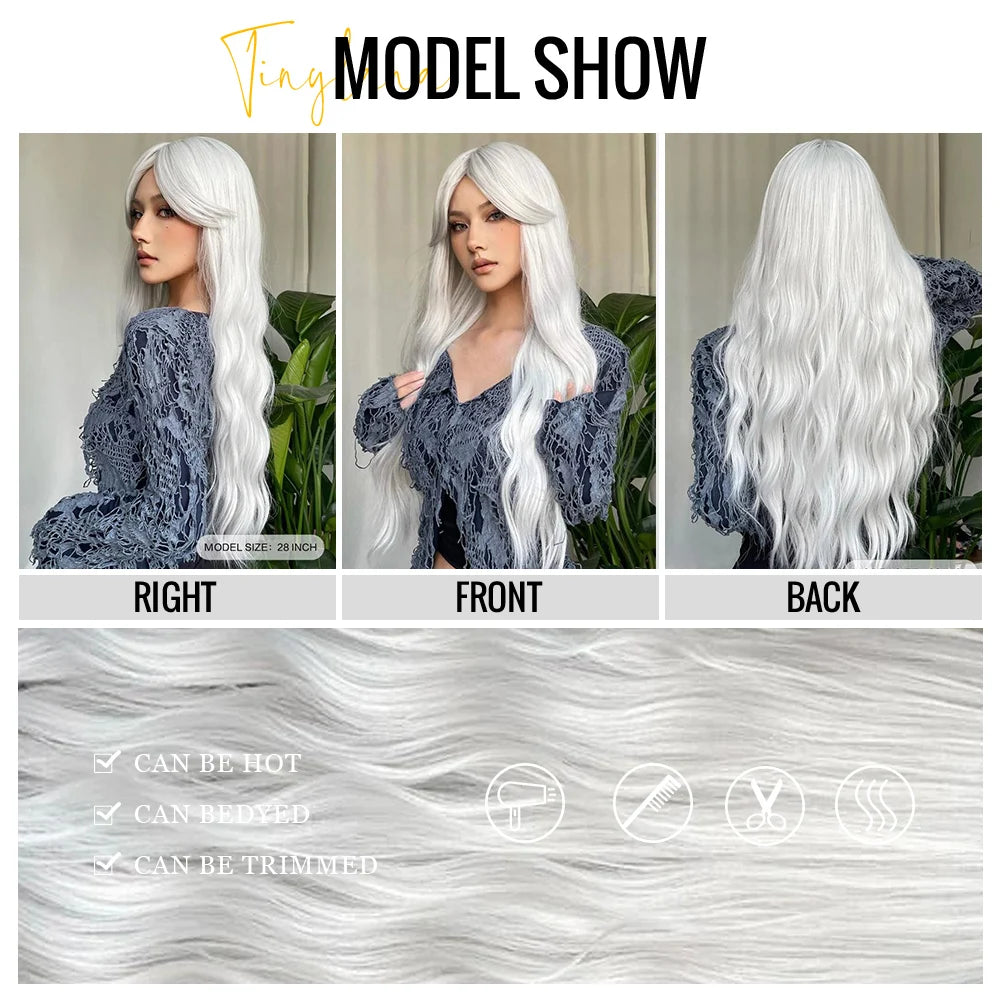 Pelucas sintéticas rizadas largas con flequillo para mujer, gris ceniza, platino, Afro, onda profunda, Cosplay, Lolita, cabello Natural, calor