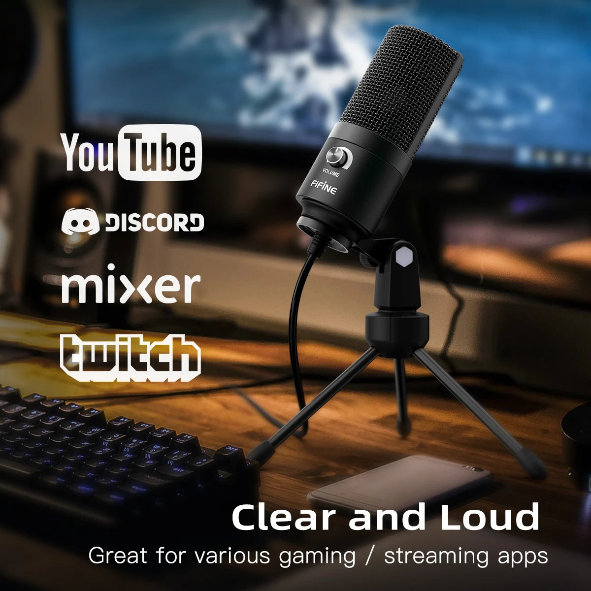 Micrófono de Condensador USB FIFINE K669B con Control de Ganancia | Micrófono de Metal para Estudio en Casa, Podcasting y Grabación de Voz en Laptop y Windows