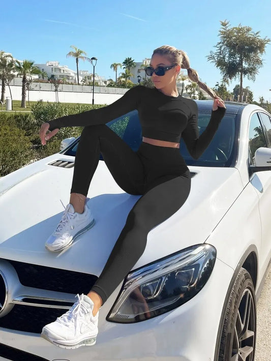 Conjunto de Yoga para Mujer | Set Deportivo 2 Piezas con Leggings de Cintura Alta y Crop Top de Manga Larga | Ropa Deportiva sin Costuras, Secado Rápido y Alta Compresión para Fitness