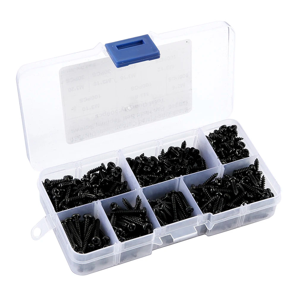 Kit de 500 Tornillos M3 de Acero Carbono - Tornillos Autoperforantes Negras con Cabeza Pan (6/8/10/12/16/18/20mm)