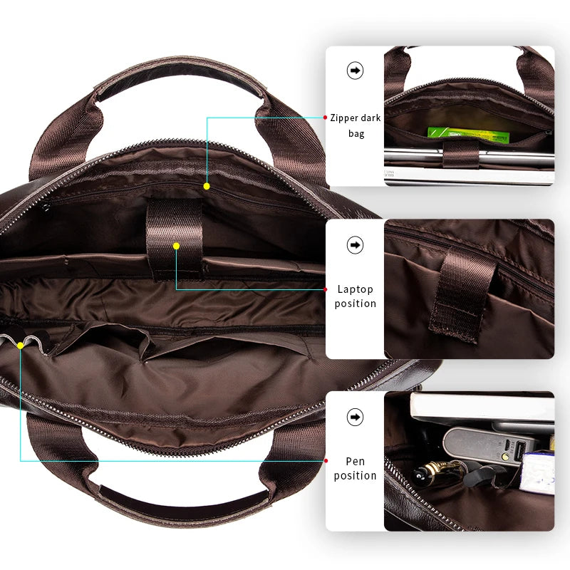 Maletín de Cuero Genuino para Hombre con Doble Bolsillo Frontal – Maletín de Gran Capacidad para Computadora y Bolsa de Mano Cruzada