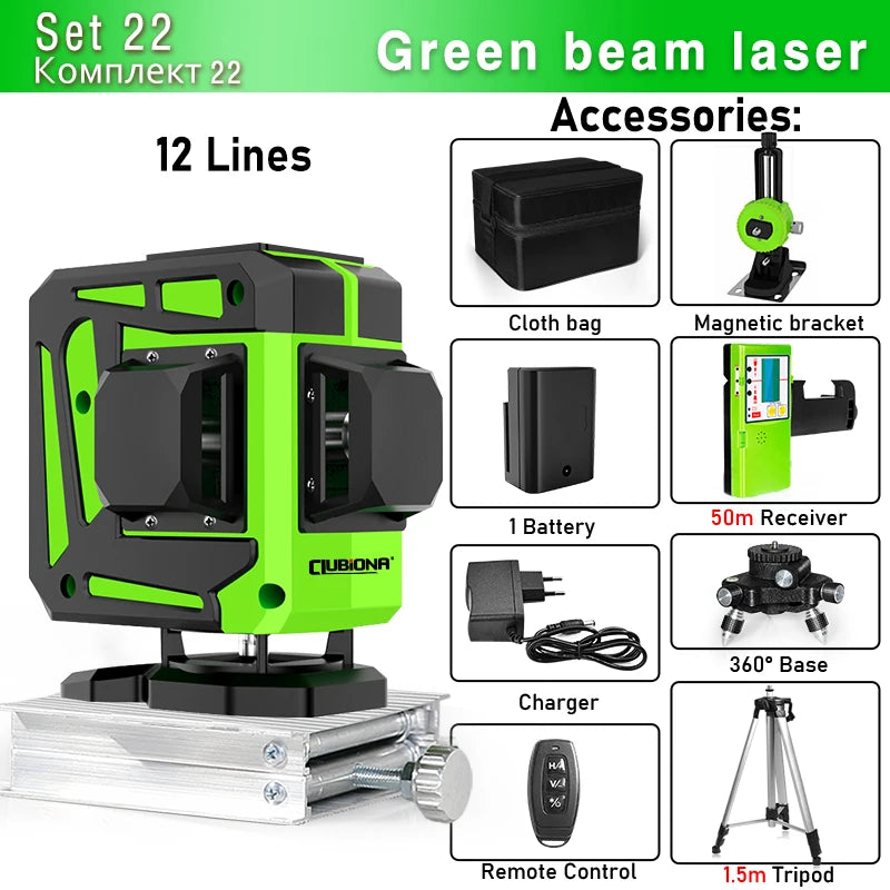 Clubiona Nivel Láser 16/12 Líneas Verde Autonivelante 360° Horizontal y Vertical, Rayo Verde Súper Potente, Herramienta de Nivelación con Modo de Pulso