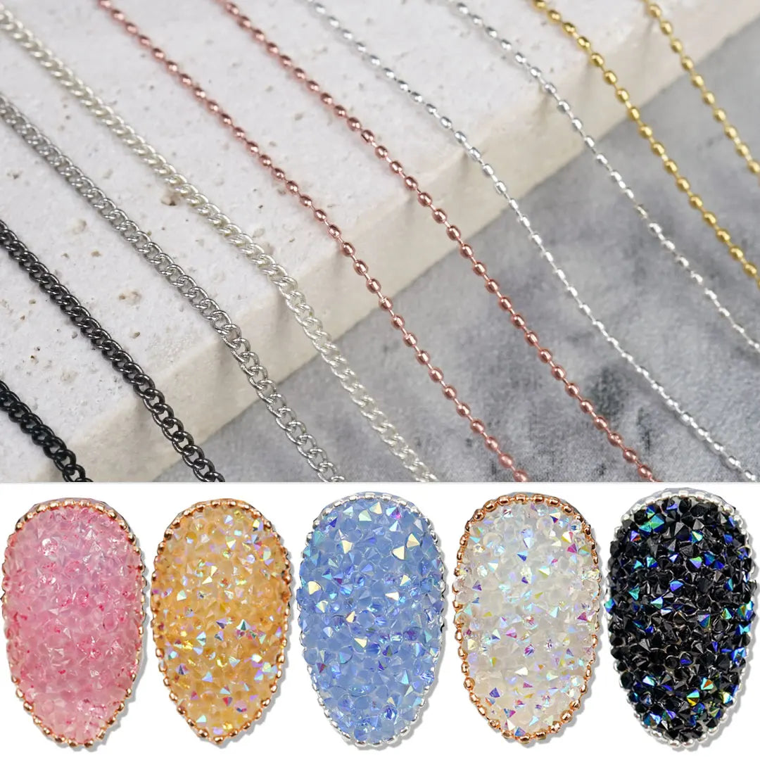 Cadena de Uñas de Oro Rosa y Plata | Decoraciones Artísticas con Cuentas de Piedra Pixie