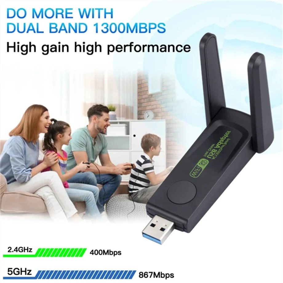 Adaptador WiFi USB 3.0 de 1300Mbps | Doble Banda 2.4G/5Ghz | Antena Inalámbrica Ethernet para PC y Laptop | Tarjeta de Red USB Receptor