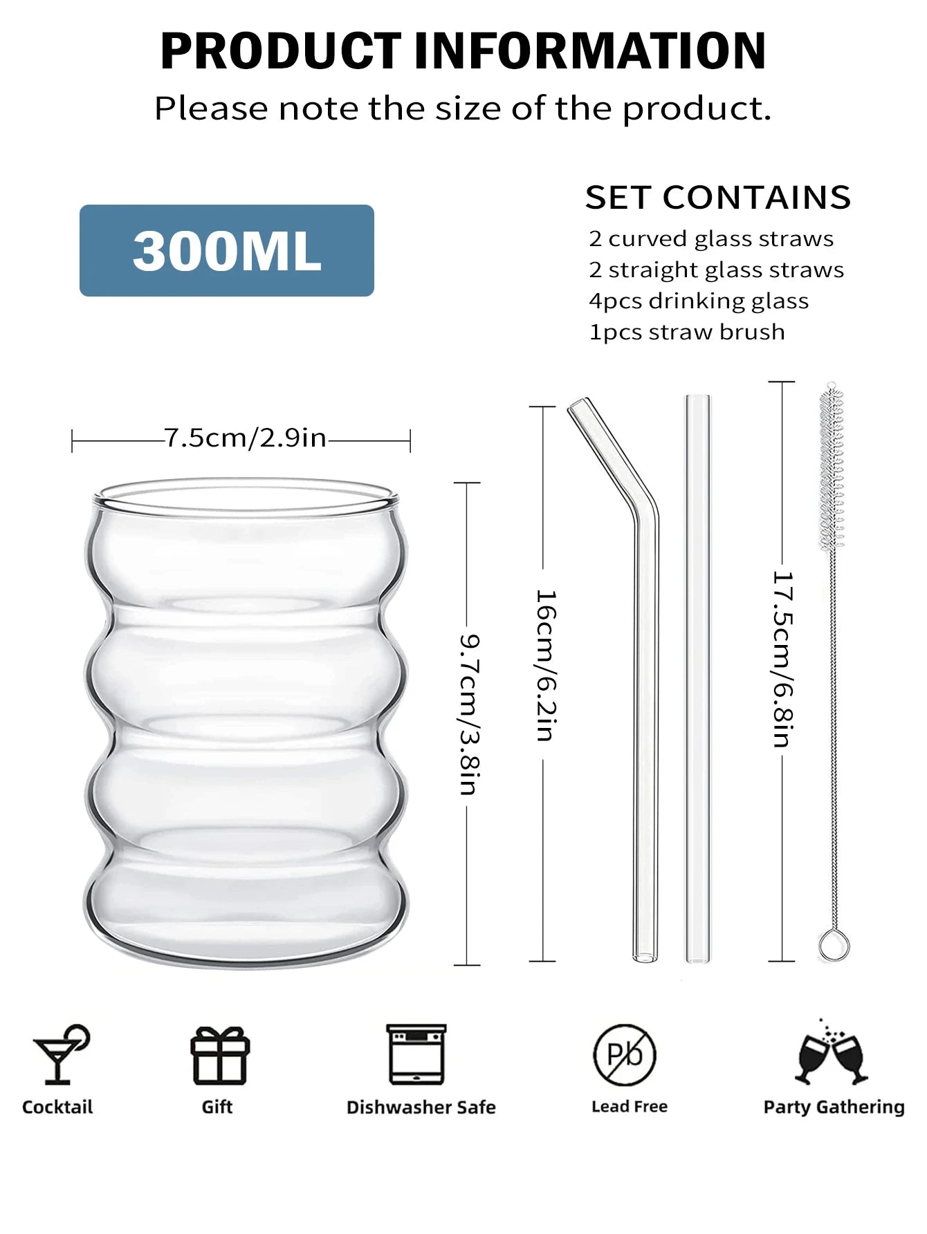 4Pcs Set de Vasos de Vidrio Creativos con Taza y Pajillas | Copas Aesthetic con Diseño Acanalado, Vidrio Borosilicato, Para Bebidas Calientes y Frías, Juego Completo con Pajas Rectas y Curvas