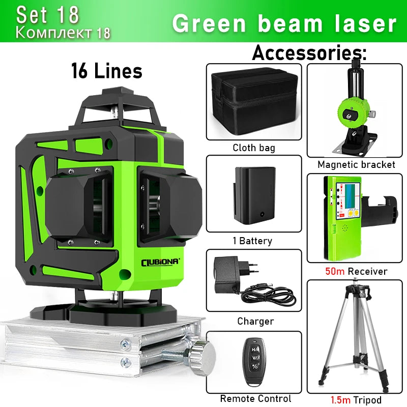 Clubiona Nivel Láser 16/12 Líneas Verde Autonivelante 360° Horizontal y Vertical, Rayo Verde Súper Potente, Herramienta de Nivelación con Modo de Pulso