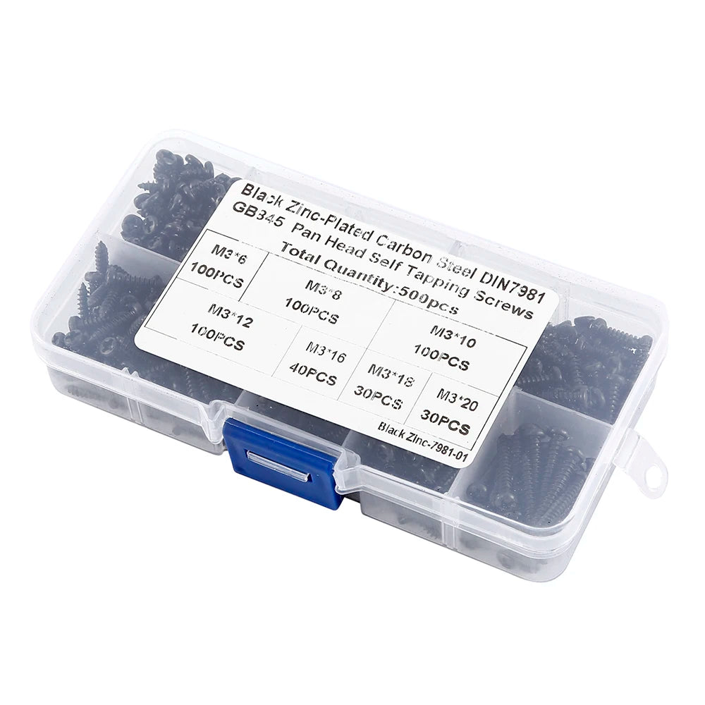 Kit de 500 Tornillos M3 de Acero Carbono - Tornillos Autoperforantes Negras con Cabeza Pan (6/8/10/12/16/18/20mm)