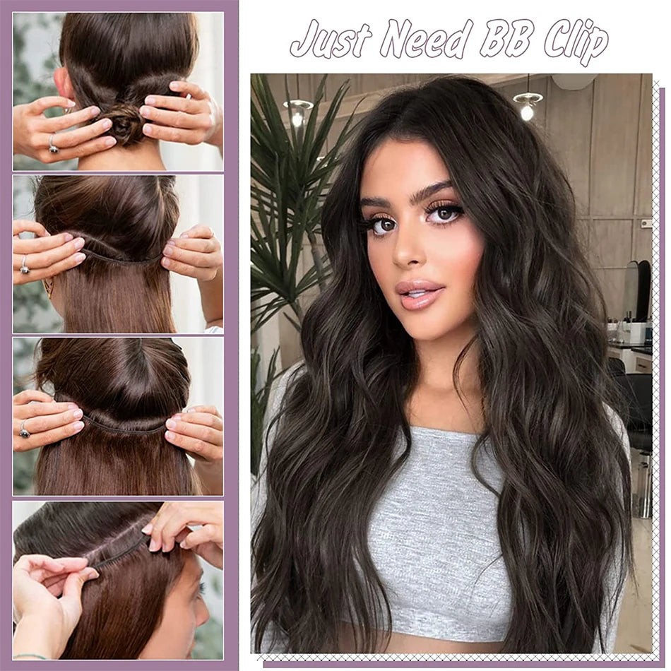 Extensiones de Cabello Sintético Largo con Clip, Ondulado Ombre Rubio y Marrón, Postizos Gruesos, 6 Piezas por Juego