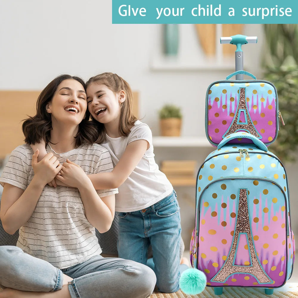 Set 3PCS Mochila Escolar con Ruedas para Niñas - Diseño Torre Eiffel Rosa con Lentejuelas y Función Brilla en la Oscuridad